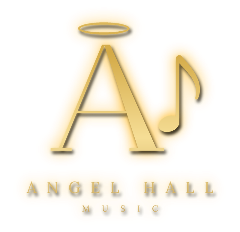 Angel Hall Music logo: a gold letter A with a halo and a music note